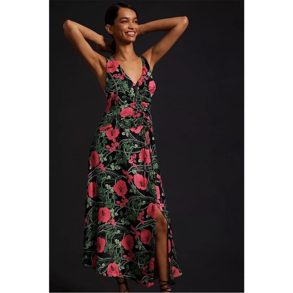 ▪️NEW! Anthropologie Maeve V-Neck Midi Dress Slit Sleeveless Summer Roses
